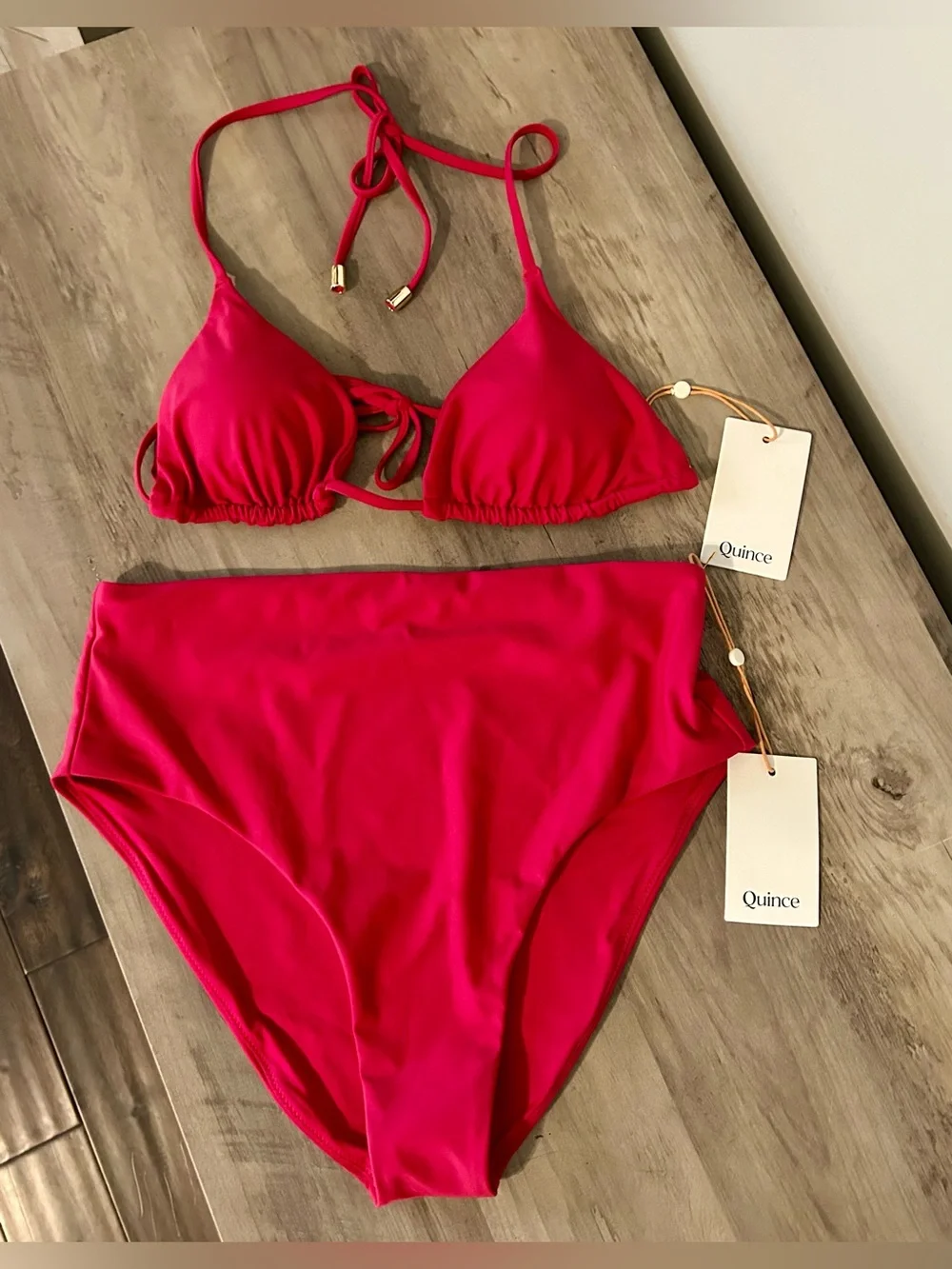 Quince NWT Fuchsia Pink Triangle Bikini Set High-Waisted Bottoms Size Medium